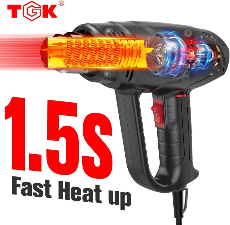 TGK Heat Gun, ® 1800W Heavy Duty Hot Air Gun Kit 122℉~1202℉ Dual Temperature Settings with 3 Nozzle Attachments Overload Protection for Crafts, Shrink Wrapping/Tubing, Paint Removing, Epoxy Resin - Image 3